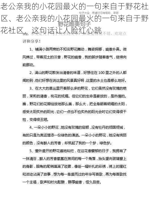 老公亲我的小花园最火的一句来自于野花社区、老公亲我的小花园最火的一句来自于野花社区，这句话让人脸红心跳