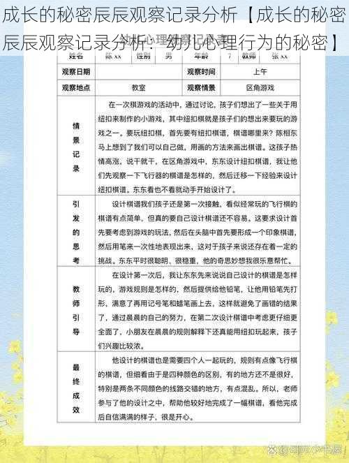 成长的秘密辰辰观察记录分析【成长的秘密辰辰观察记录分析：幼儿心理行为的秘密】