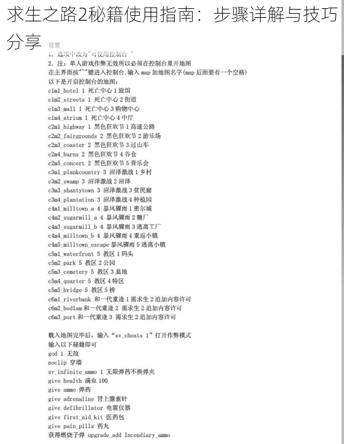 求生之路2秘籍使用指南：步骤详解与技巧分享